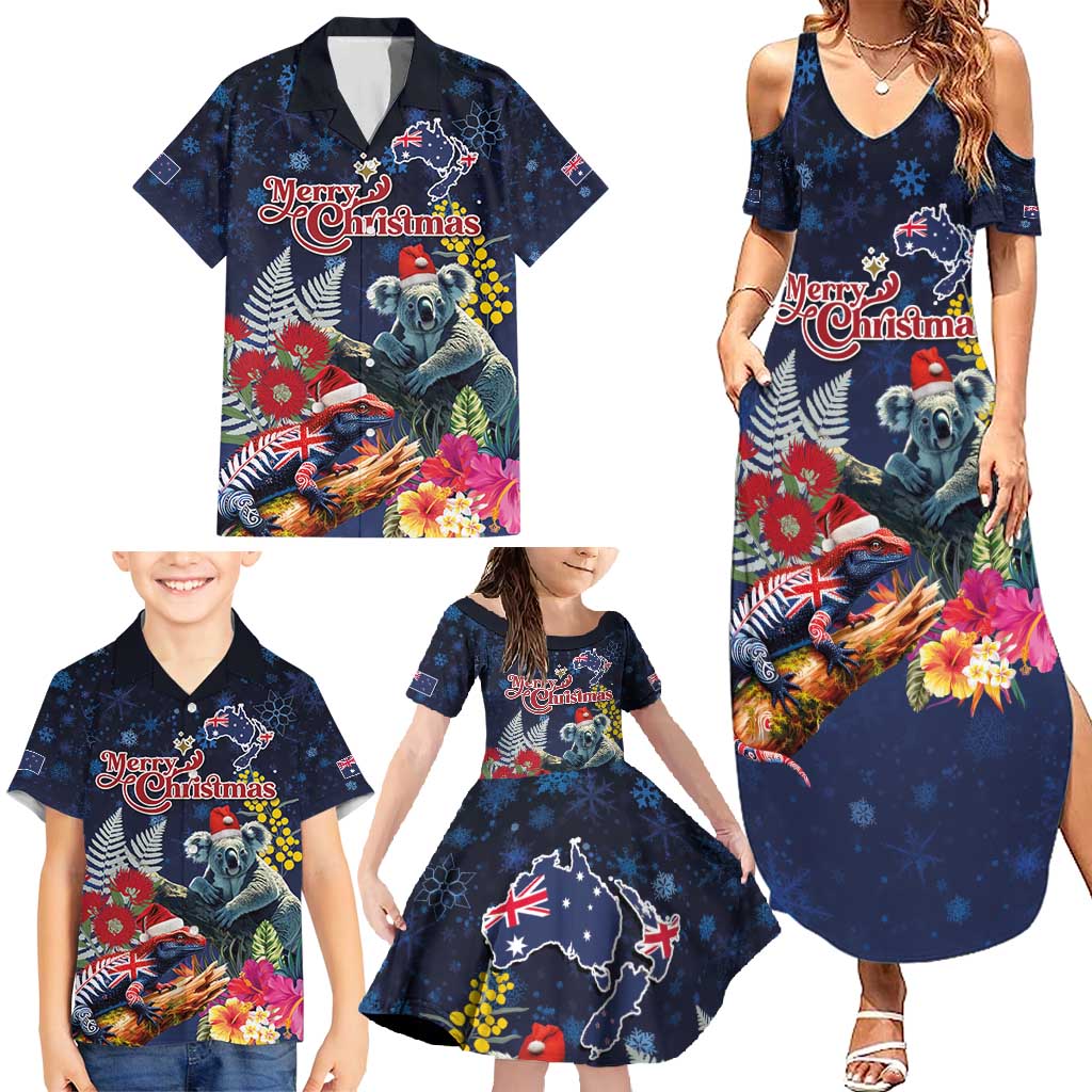 Australia and New Zealand Family Matching Summer Maxi Dress and Hawaiian Shirt Merry Christmas-Tuatara and Koala with Plants Xmas Style