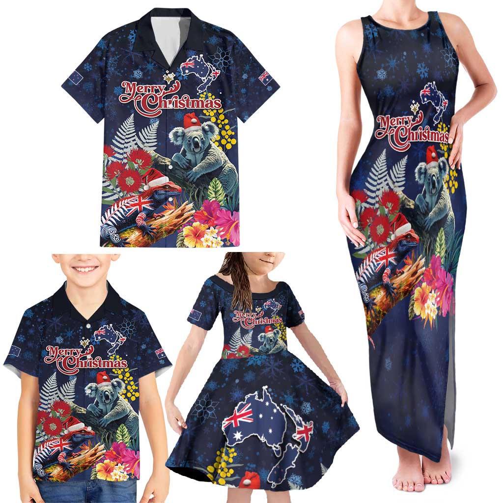 Australia and New Zealand Family Matching Tank Maxi Dress and Hawaiian Shirt Merry Christmas-Tuatara and Koala with Plants Xmas Style
