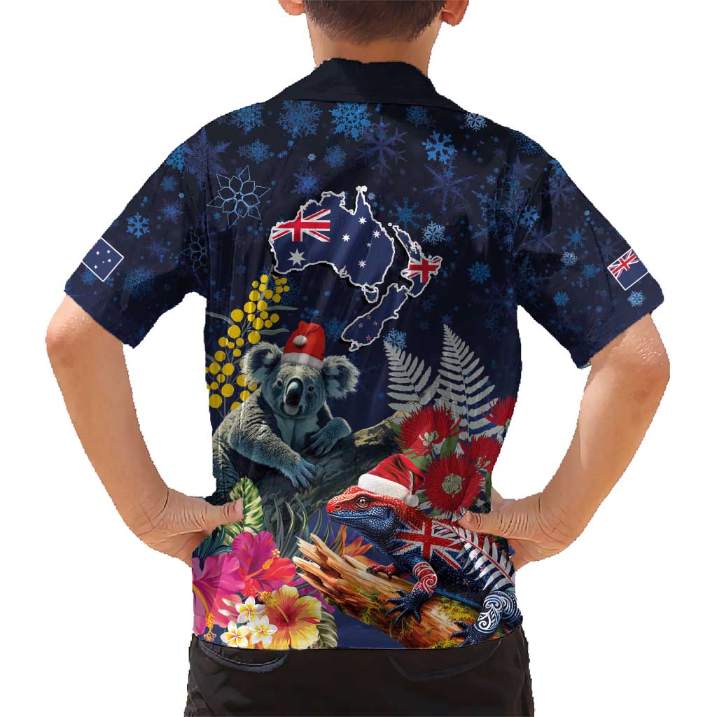 Australia and New Zealand Kid Hawaiian Shirt Merry Christmas-Tuatara and Koala with Plants Xmas Style