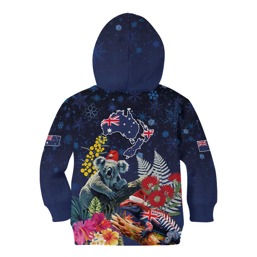 Australia and New Zealand Kid Hoodie Merry Christmas-Tuatara and Koala with Plants Xmas Style