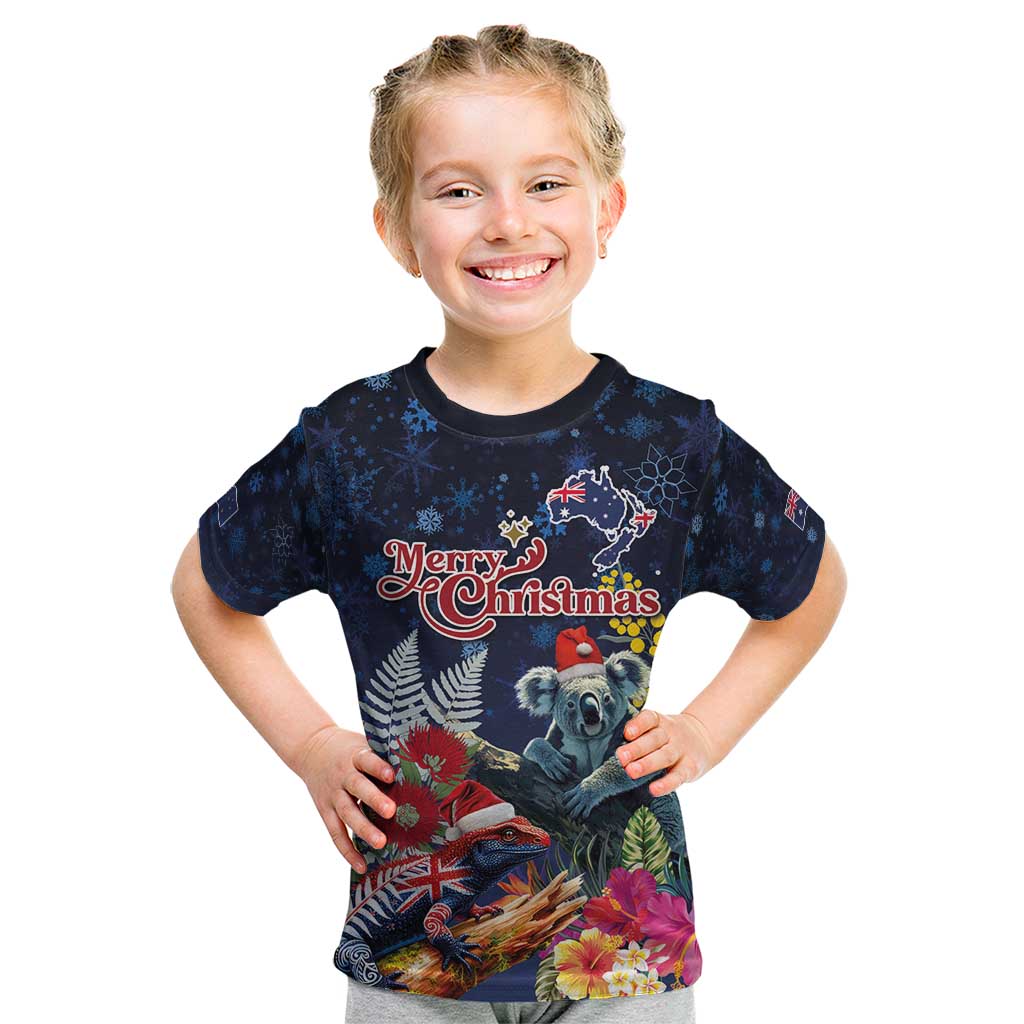 Australia and New Zealand Kid T Shirt Merry Christmas-Tuatara and Koala with Plants Xmas Style LT03 Navy - Polynesian Pride