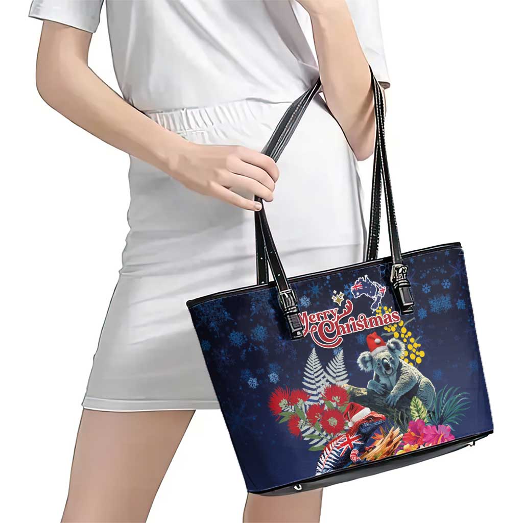 Australia and New Zealand Leather Tote Bag Merry Christmas-Tuatara and Koala with Plants Xmas Style LT03 - Polynesian Pride