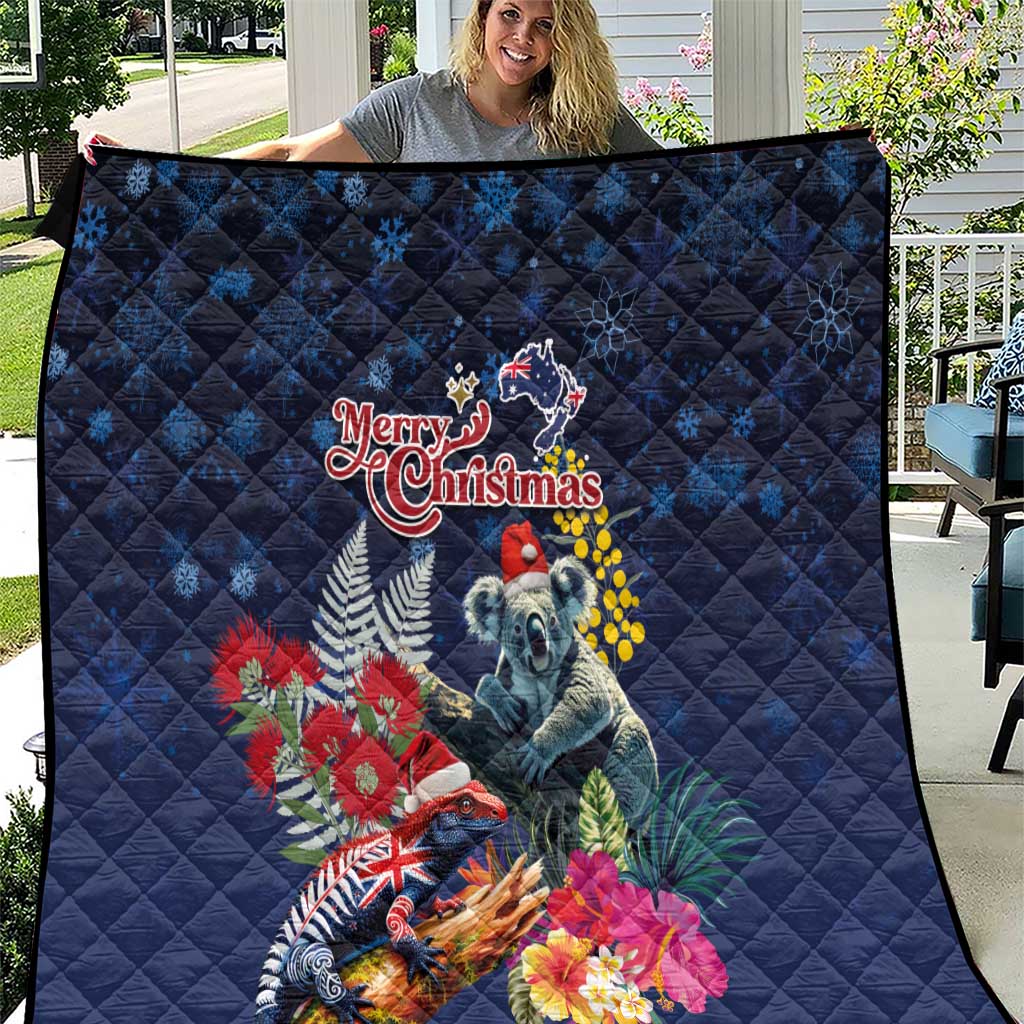 Australia and New Zealand Quilt Merry Christmas-Tuatara and Koala with Plants Xmas Style LT03 Navy - Polynesian Pride