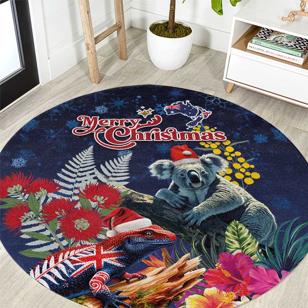 Australia and New Zealand Round Carpet Merry Christmas-Tuatara and Koala with Plants Xmas Style