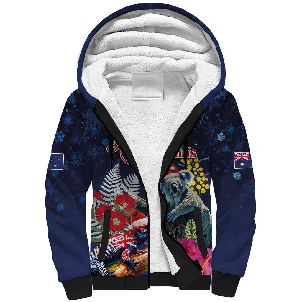 Australia and New Zealand Sherpa Hoodie Merry Christmas-Tuatara and Koala with Plants Xmas Style