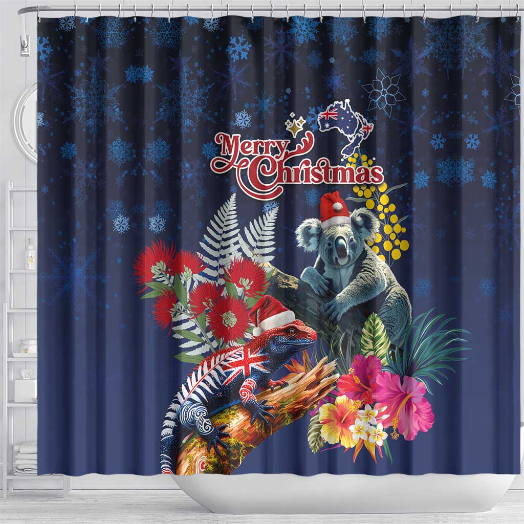 Australia and New Zealand Shower Curtain Merry Christmas-Tuatara and Koala with Plants Xmas Style