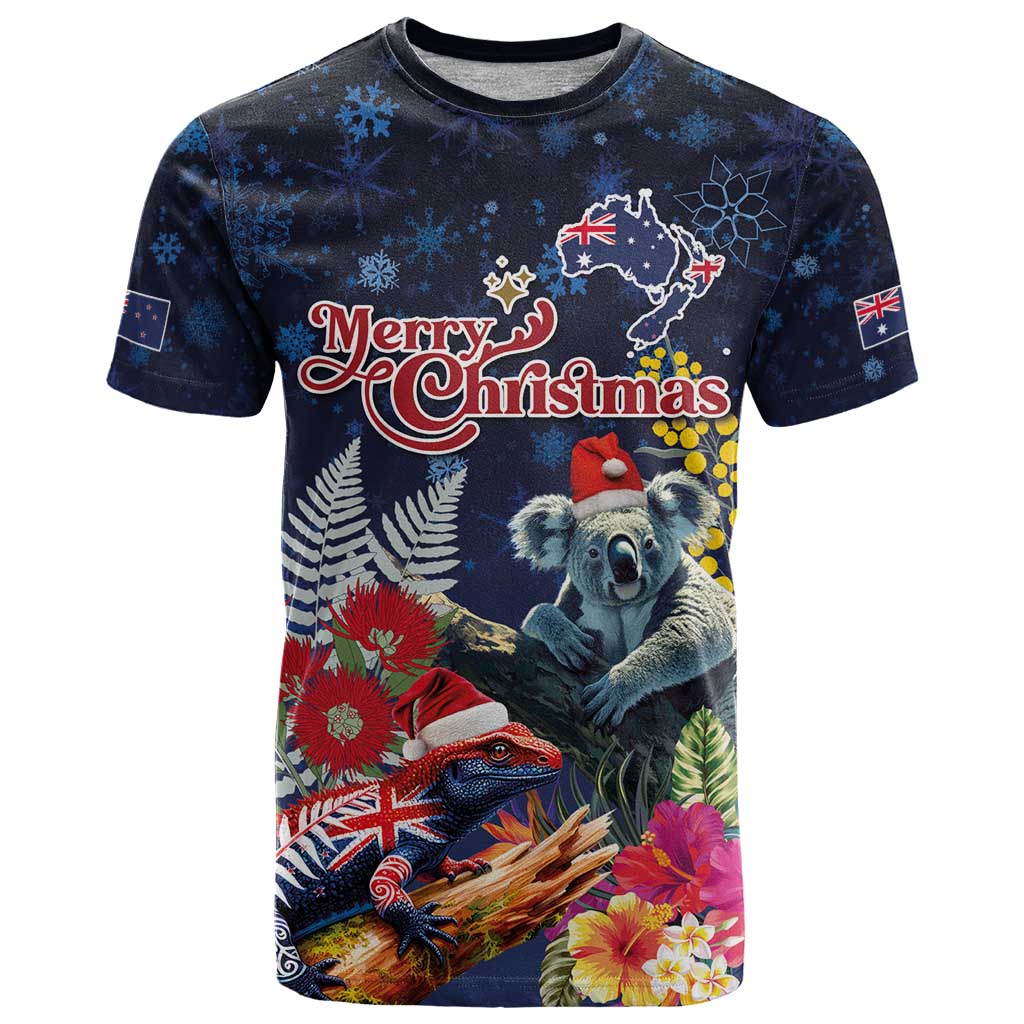 Australia and New Zealand T Shirt Merry Christmas-Tuatara and Koala with Plants Xmas Style LT03 Navy - Polynesian Pride