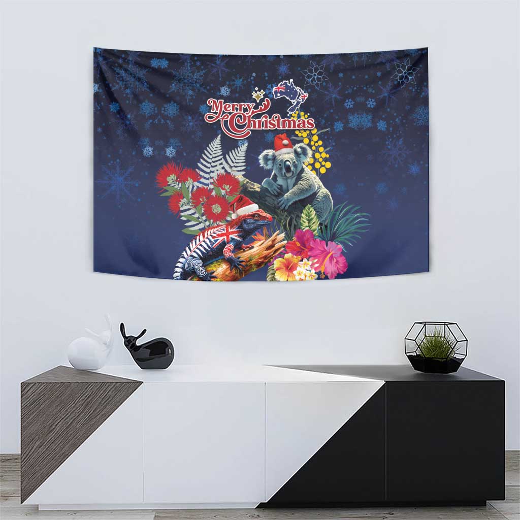 Australia and New Zealand Tapestry Merry Christmas-Tuatara and Koala with Plants Xmas Style