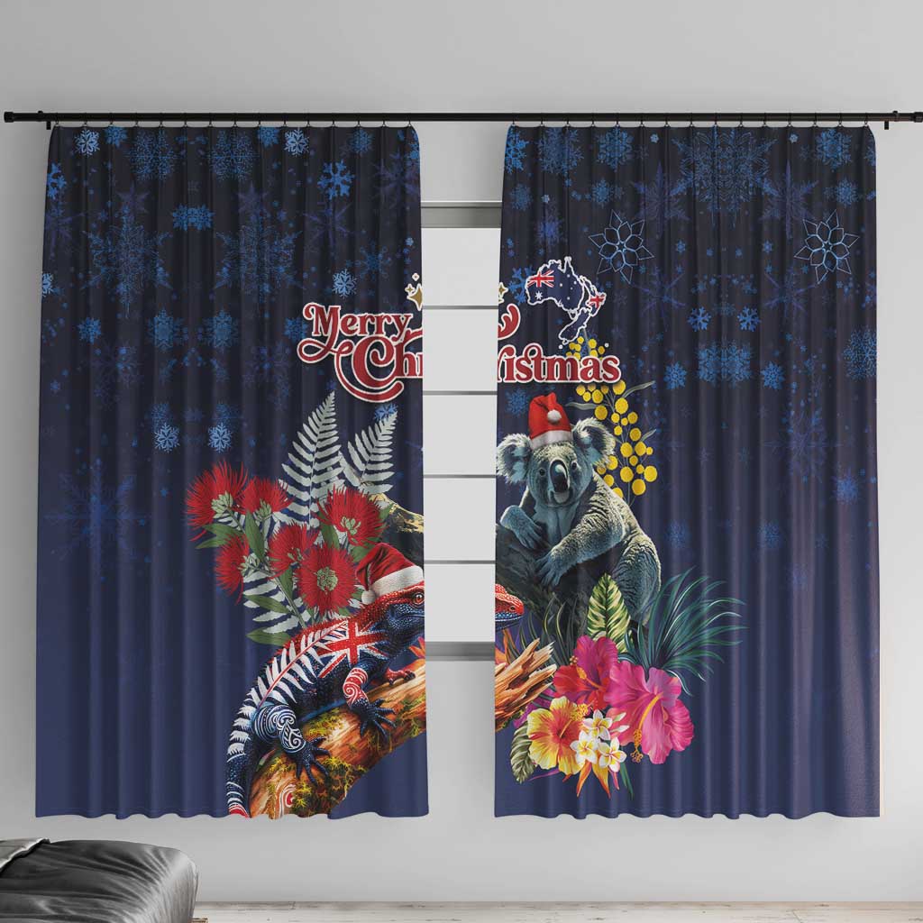 Australia and New Zealand Window Curtain Merry Christmas-Tuatara and Koala with Plants Xmas Style LT03 With Hooks Navy - Polynesian Pride