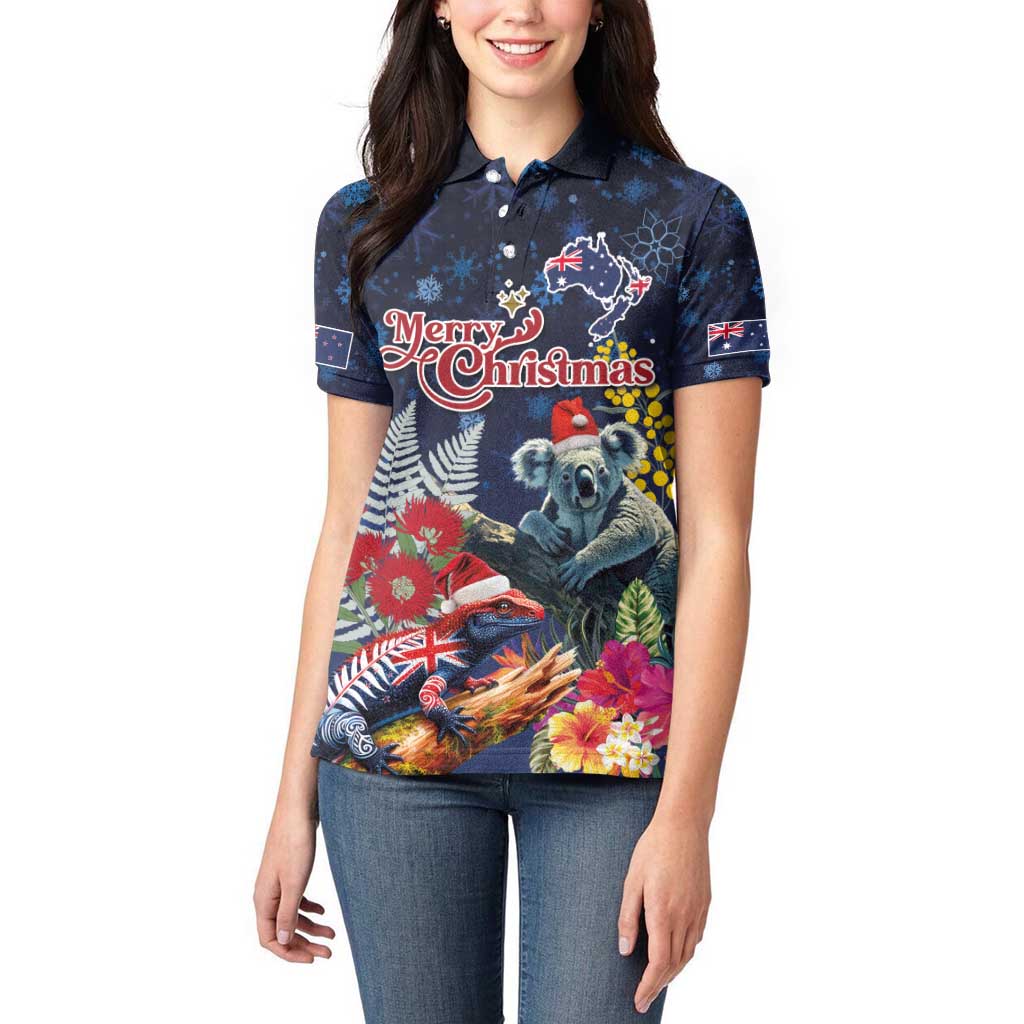 Australia and New Zealand Women Polo Shirt Merry Christmas-Tuatara and Koala with Plants Xmas Style