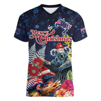 Australia and New Zealand Women V-Neck T-Shirt Merry Christmas-Tuatara and Koala with Plants Xmas Style LT03 Female Navy - Polynesian Pride