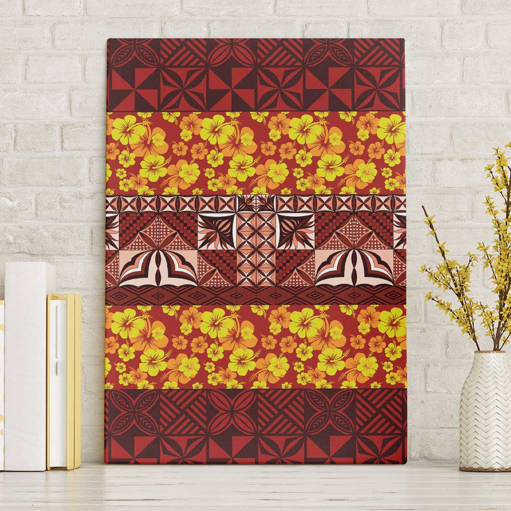 Samoa Siapo and Tapa Canvas Wall Art Pacific Tribal Pattern with Hibiscus Striped Style