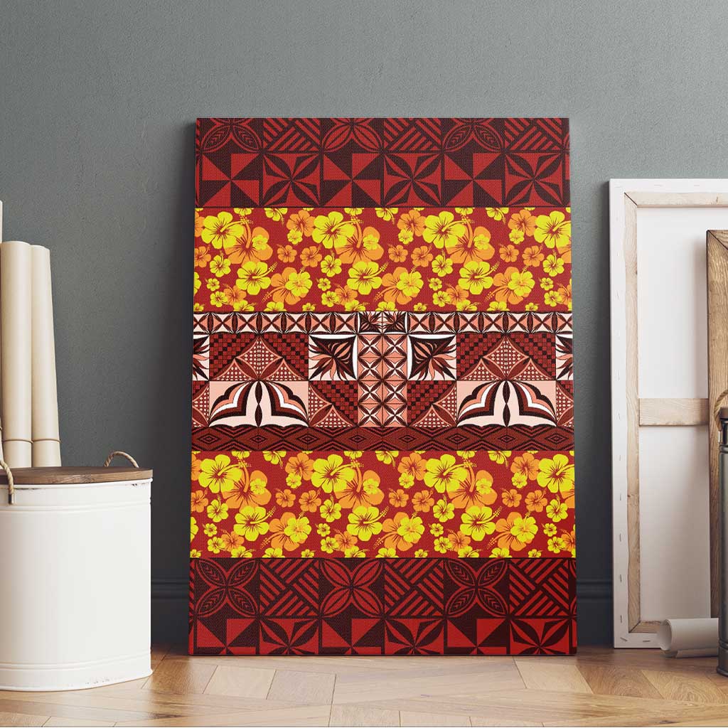 Samoa Siapo and Tapa Canvas Wall Art Pacific Tribal Pattern with Hibiscus Striped Style
