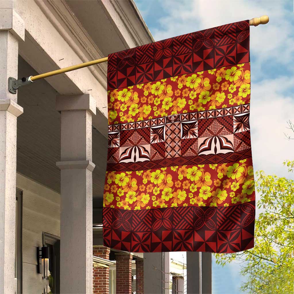 Samoa Siapo and Tapa Garden Flag Pacific Tribal Pattern with Hibiscus Striped Style