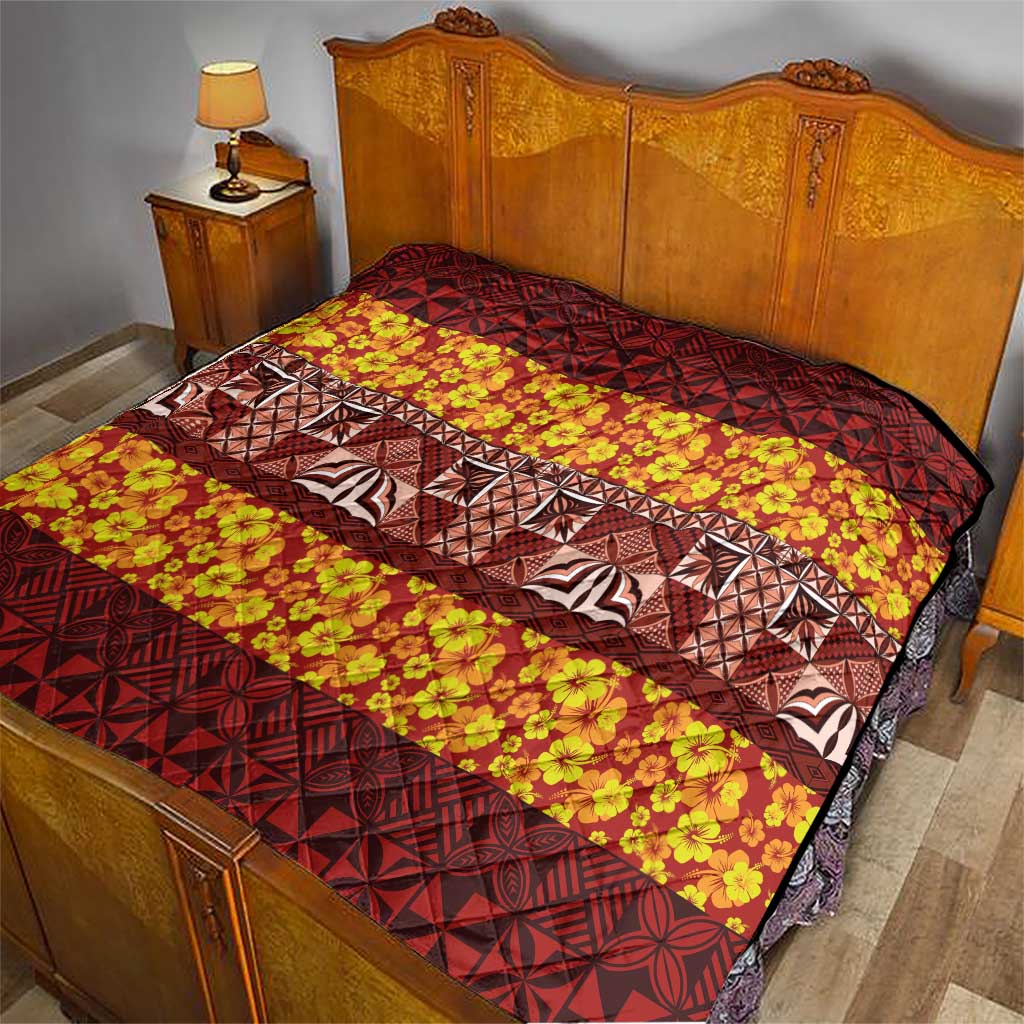 Samoa Siapo and Tapa Quilt Pacific Tribal Pattern with Hibiscus Striped Style
