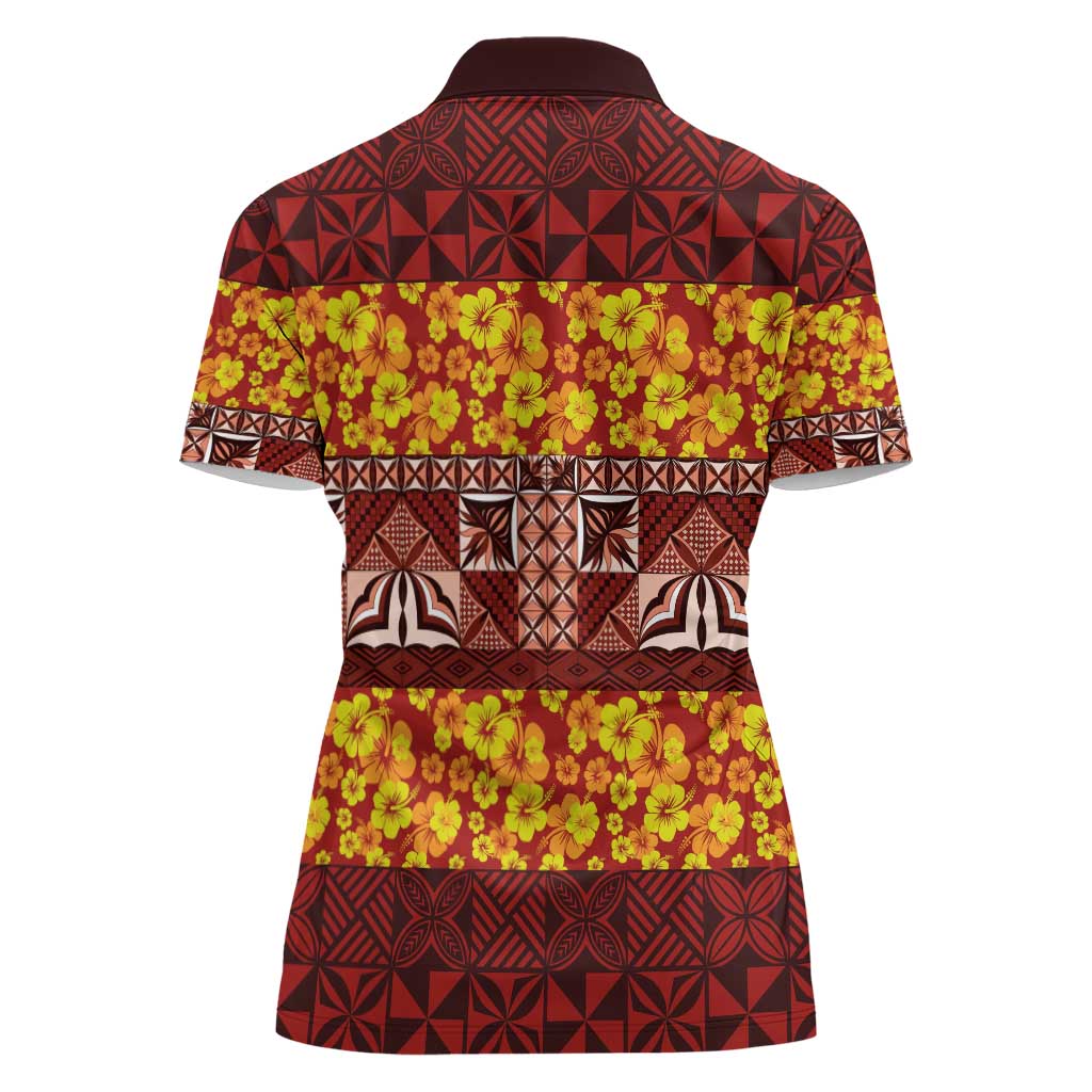Samoa Siapo and Tapa Women Polo Shirt Pacific Tribal Pattern with Hibiscus Striped Style