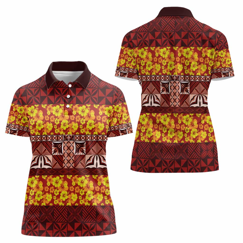 Samoa Siapo and Tapa Women Polo Shirt Pacific Tribal Pattern with Hibiscus Striped Style