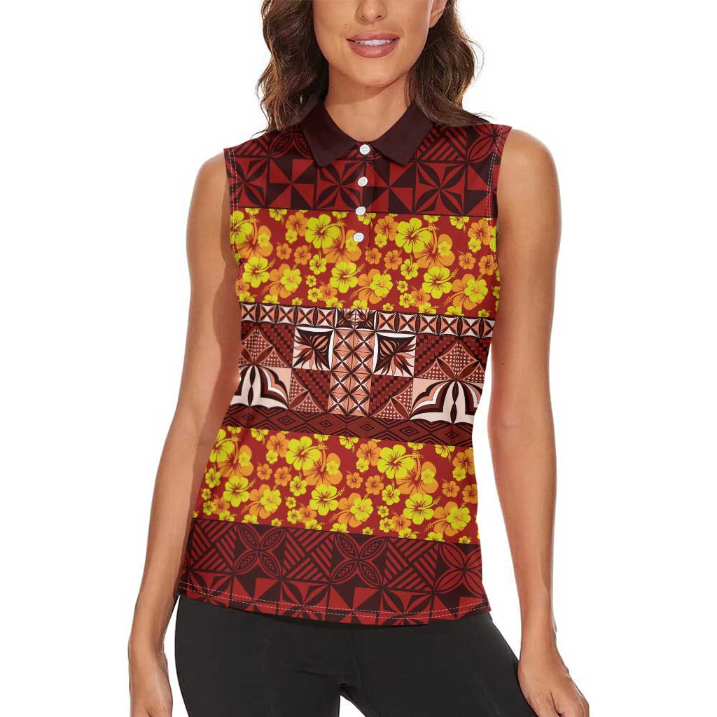 Samoa Siapo and Tapa Women Sleeveless Polo Shirt Pacific Tribal Pattern with Hibiscus Striped Style