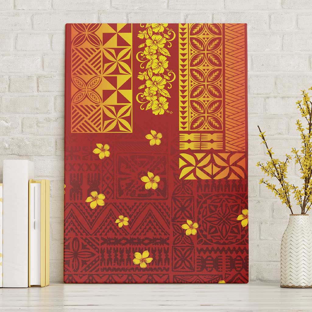 Samoa Tapa Pacific Tribal Pattern Canvas Wall Art Hibiscus and Plumeria