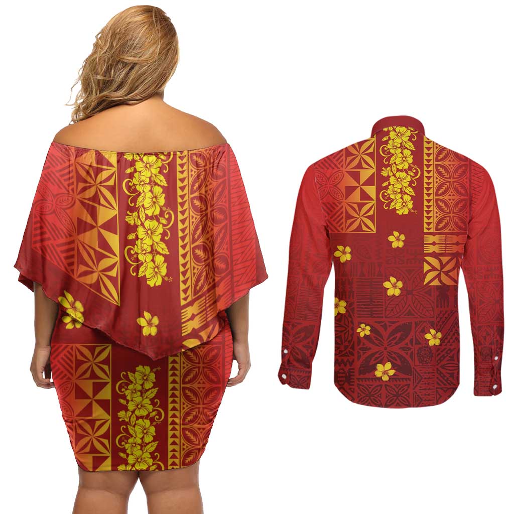 Samoa Tapa Pacific Tribal Pattern Couples Matching Off Shoulder Short Dress and Long Sleeve Button Shirt Hibiscus and Plumeria