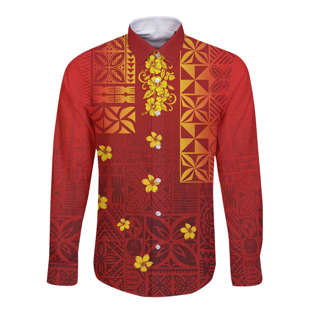 Samoa Tapa Pacific Tribal Pattern Long Sleeve Button Shirt Hibiscus and Plumeria