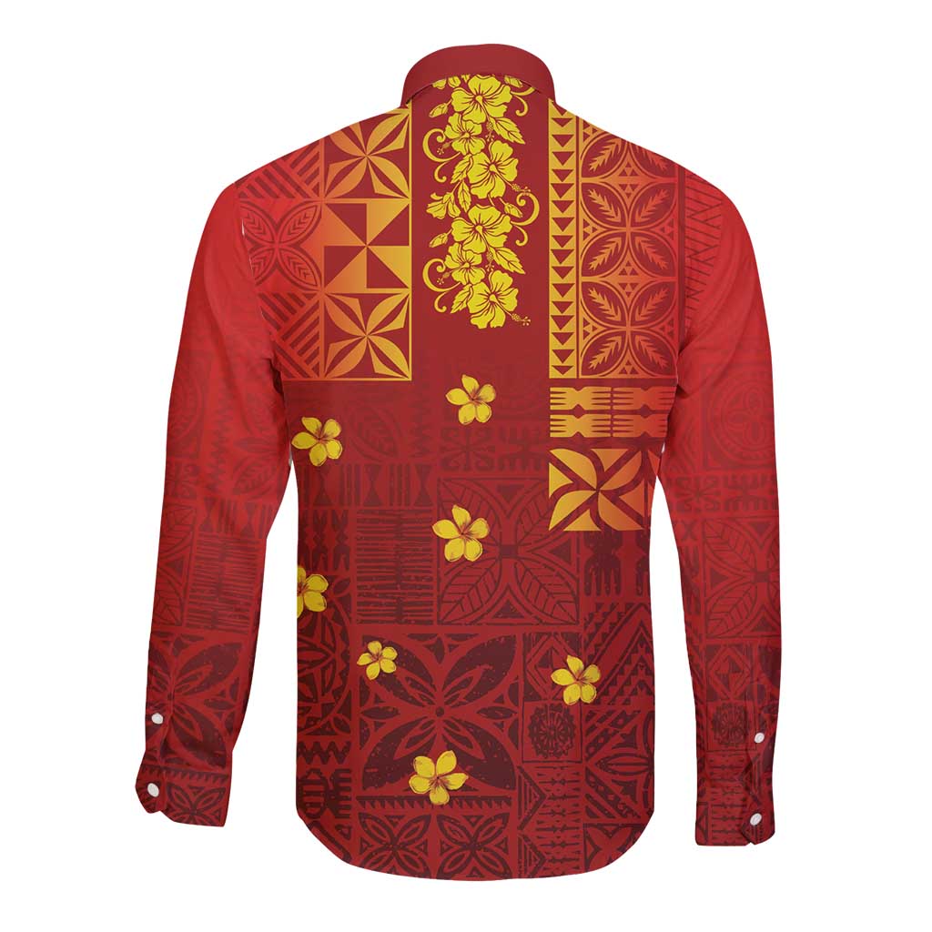 Samoa Tapa Pacific Tribal Pattern Long Sleeve Button Shirt Hibiscus and Plumeria LT03 - Polynesian Pride