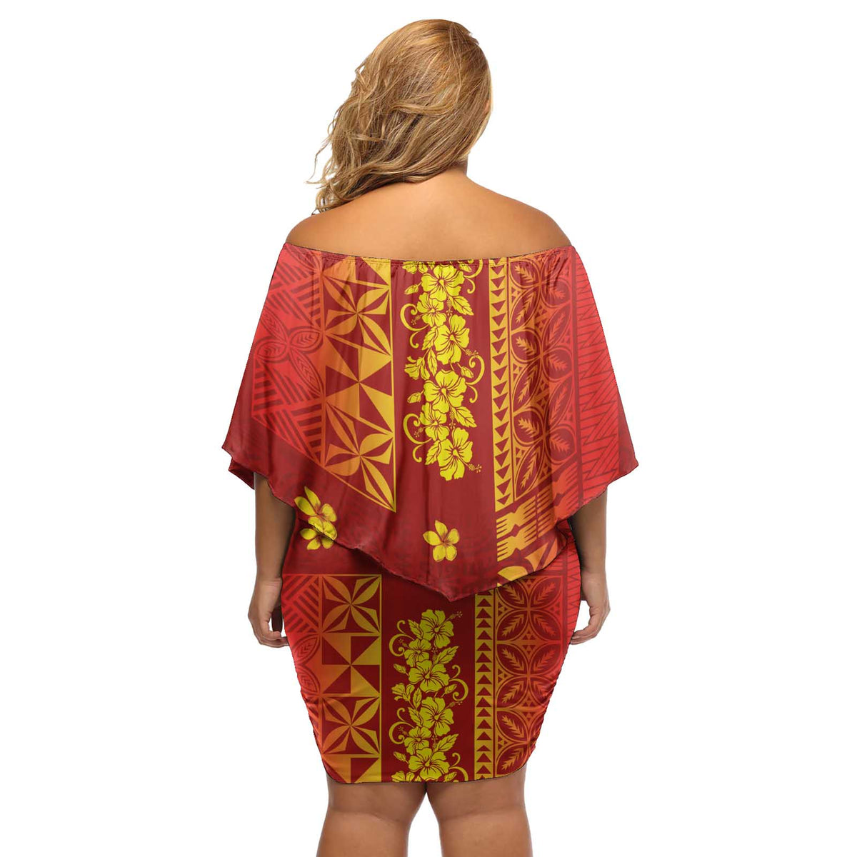 Samoa Tapa Pacific Tribal Pattern Off Shoulder Short Dress Hibiscus and Plumeria