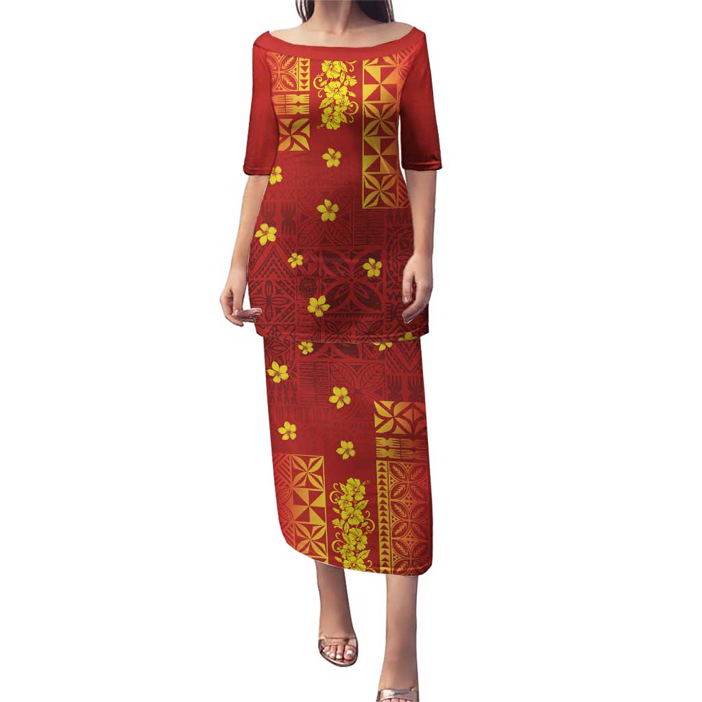 Samoa Tapa Pacific Tribal Pattern Puletasi Hibiscus and Plumeria LT03 Long Dress Red - Polynesian Pride