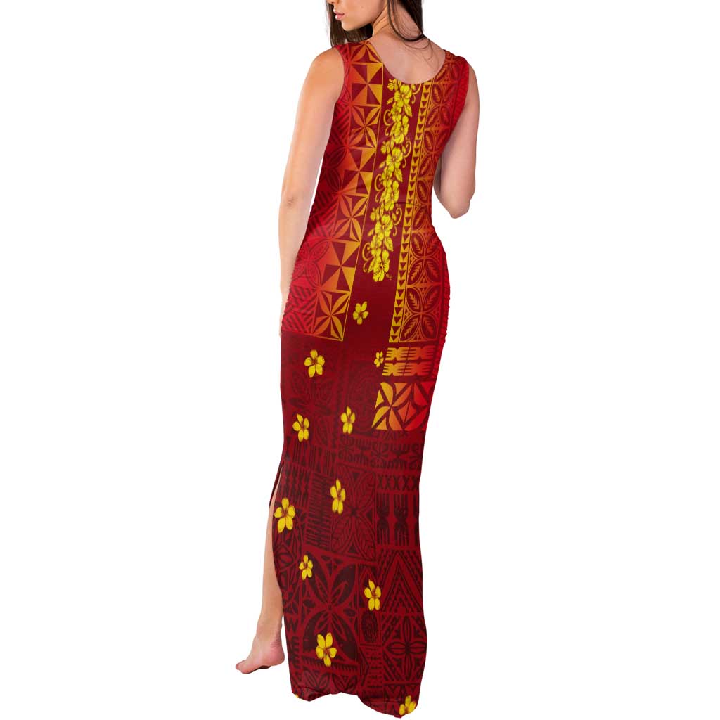 Samoa Tapa Pacific Tribal Pattern Tank Maxi Dress Hibiscus and Plumeria