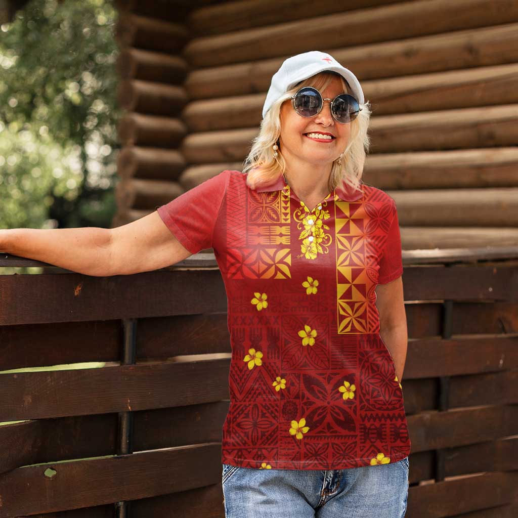 Samoa Tapa Pacific Tribal Pattern Women Polo Shirt Hibiscus and Plumeria