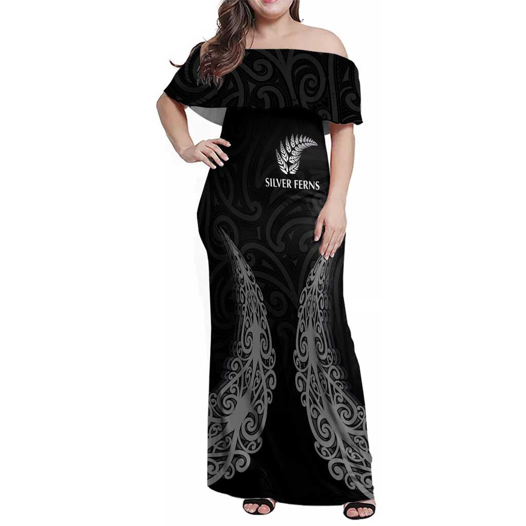 New Zealand Netball Family Matching Off Shoulder Maxi Dress and Hawaiian Shirt Koru and Maori Tattoo Jersey LT03 Mom's Dress Black - Polynesian Pride