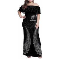 New Zealand Netball Family Matching Off Shoulder Maxi Dress and Hawaiian Shirt Koru and Maori Tattoo Jersey LT03 Mom's Dress Black - Polynesian Pride