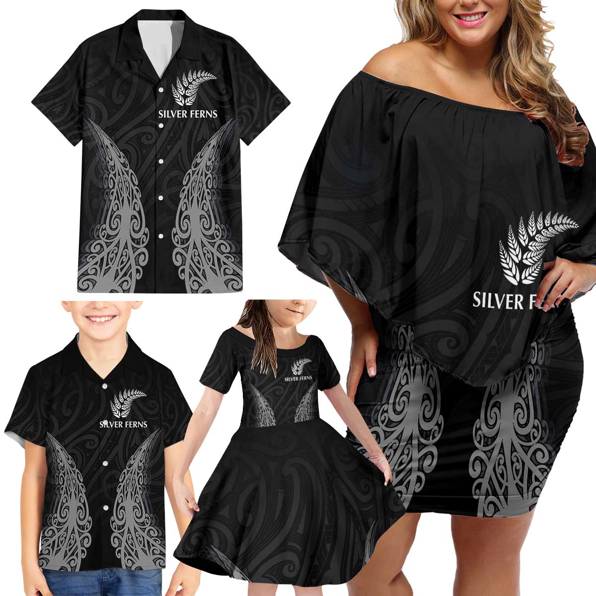 New Zealand Netball Family Matching Off Shoulder Short Dress and Hawaiian Shirt Koru and Maori Tattoo Jersey LT03 - Polynesian Pride