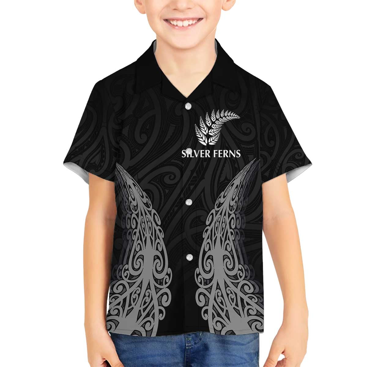 New Zealand Netball Family Matching Off Shoulder Short Dress and Hawaiian Shirt Koru and Maori Tattoo Jersey LT03 Son's Shirt Black - Polynesian Pride