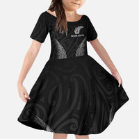 New Zealand Netball Family Matching Puletasi and Hawaiian Shirt Koru and Maori Tattoo Jersey LT03 Daughter's Dress Black - Polynesian Pride