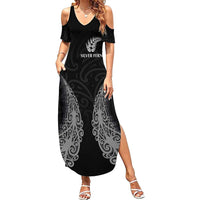 New Zealand Netball Family Matching Summer Maxi Dress and Hawaiian Shirt Koru and Maori Tattoo Jersey LT03 Mom's Dress Black - Polynesian Pride