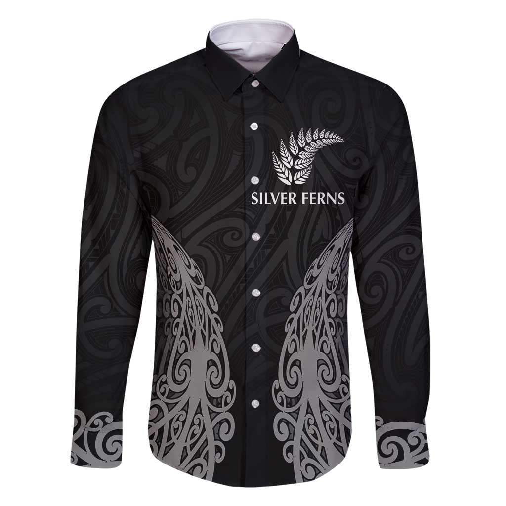 New Zealand Netball Family Matching Tank Maxi Dress and Hawaiian Shirt Koru and Maori Tattoo Jersey LT03 Dad's Shirt - Long Sleeve Black - Polynesian Pride