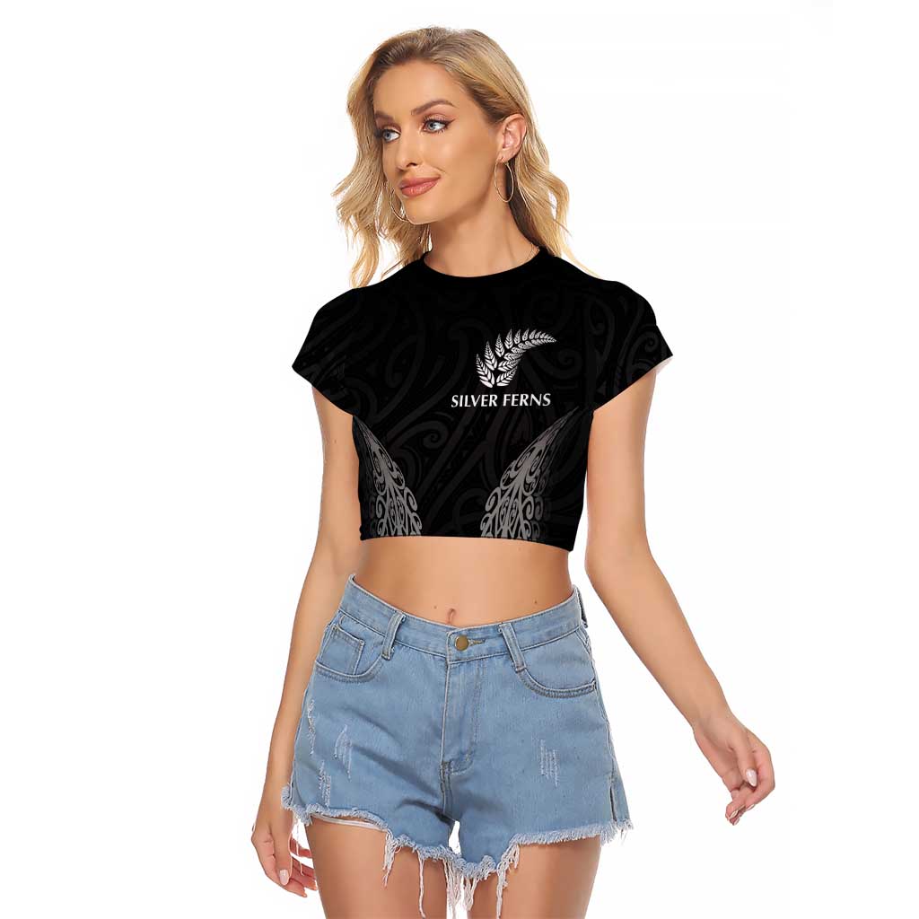 New Zealand Netball Raglan Cropped T Shirt Koru and Maori Tattoo Jersey LT03 Female Black - Polynesian Pride