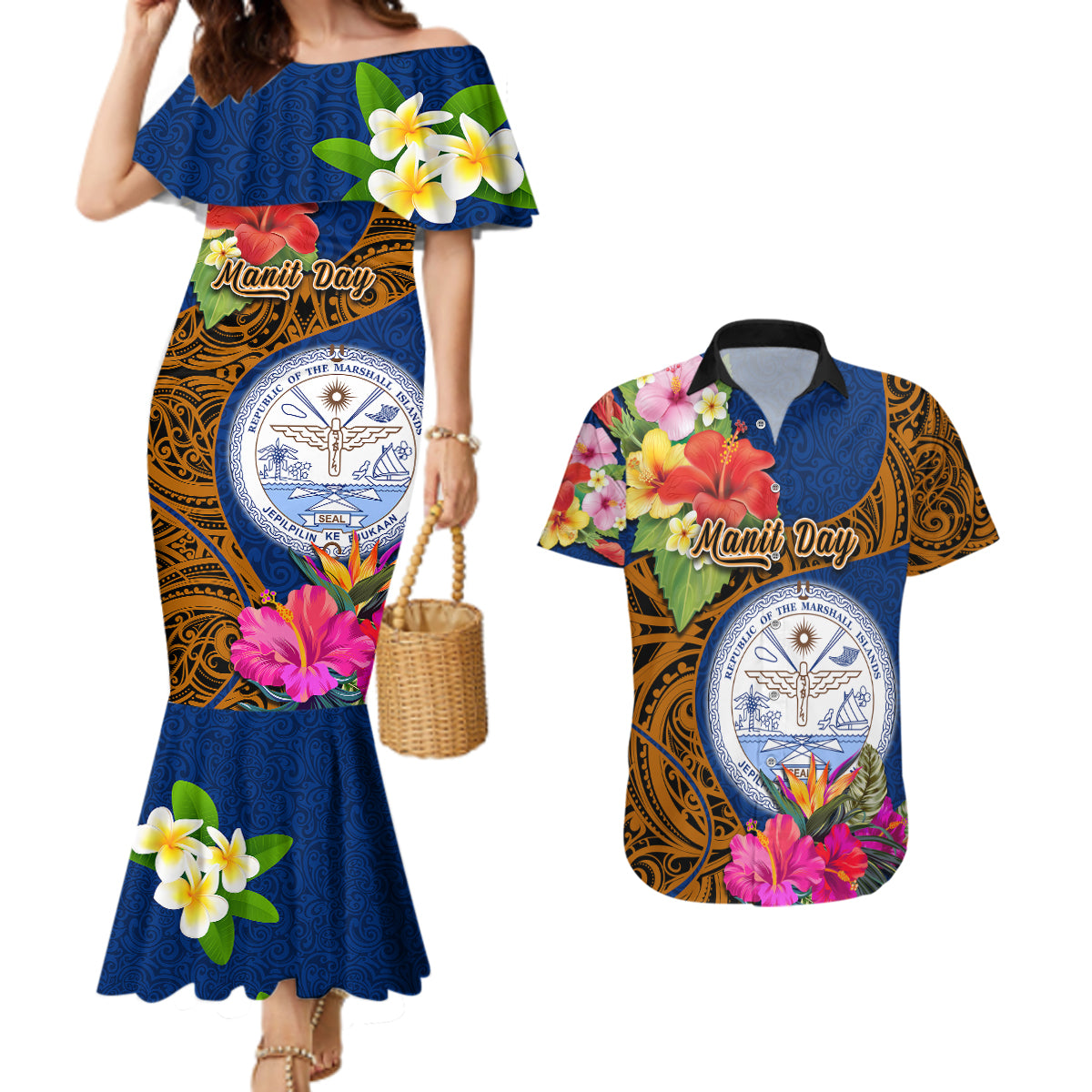 personalised-marshall-islands-manit-day-couples-matching-mermaid-dress-and-hawaiian-shirt-marshall-seal-mix-hibiscus-flower-maori-pattern-style