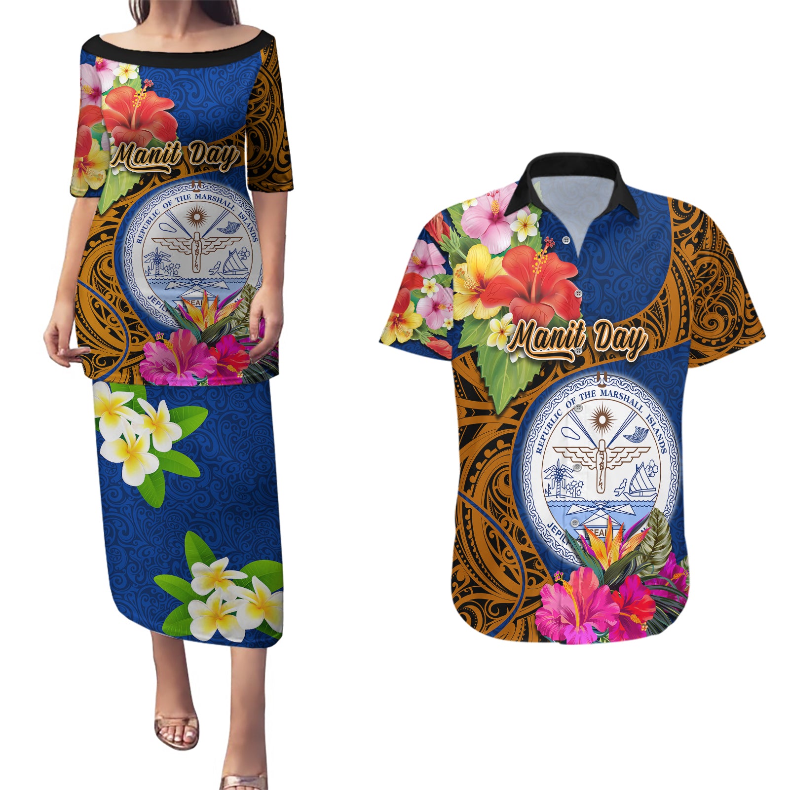 personalised-marshall-islands-manit-day-couples-matching-puletasi-dress-and-hawaiian-shirt-marshall-seal-mix-hibiscus-flower-maori-pattern-style