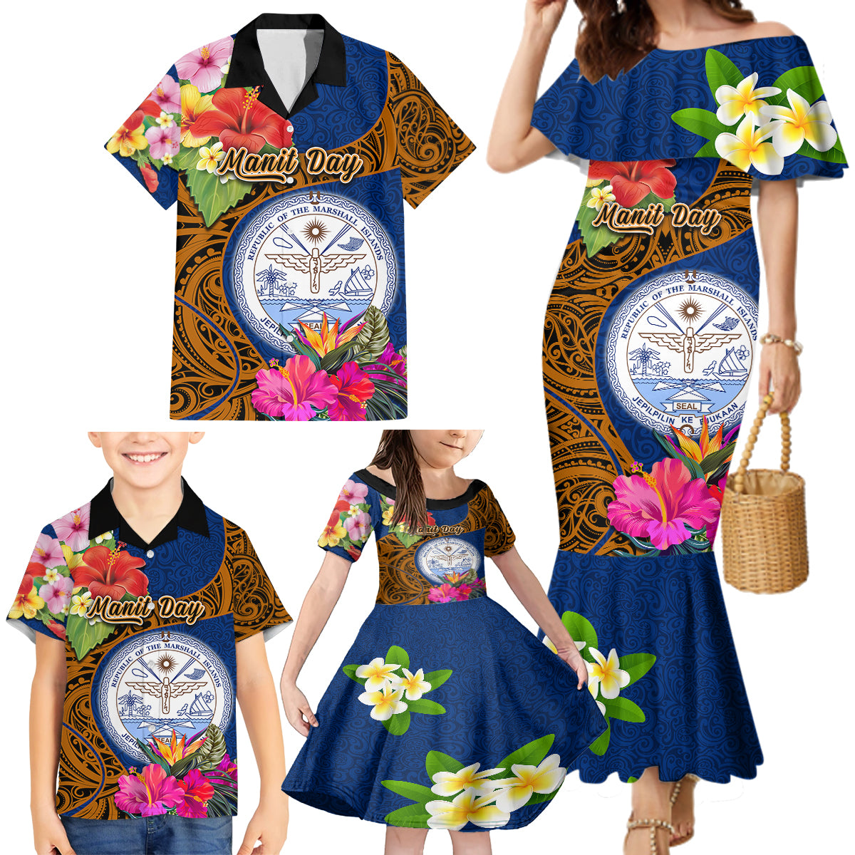 personalised-marshall-islands-manit-day-family-matching-mermaid-dress-and-hawaiian-shirt-marshall-seal-mix-hibiscus-flower-maori-pattern-style