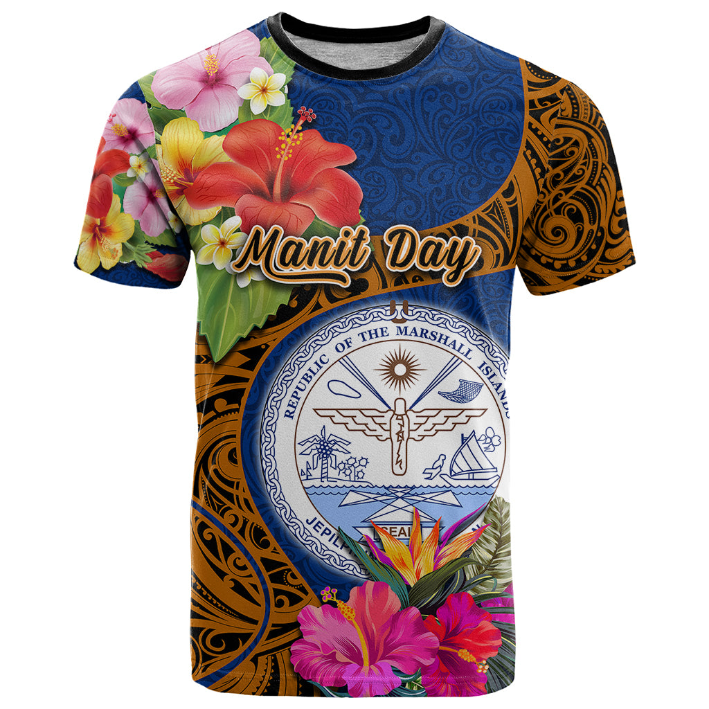 Personalised Marshall Islands Manit Day T Shirt Marshall Seal Mix Hibiscus Flower Maori Pattern Style LT03 Blue - Polynesian Pride