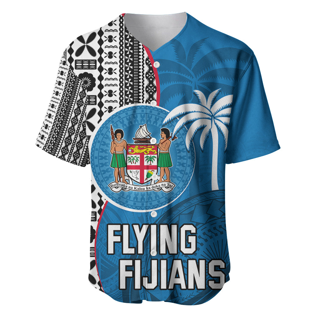 Fiji Rugby Baseball Jersey Coat of Arms Palm Tree Mix Polynesia Tapa Pattern LT03 Blue - Polynesian Pride