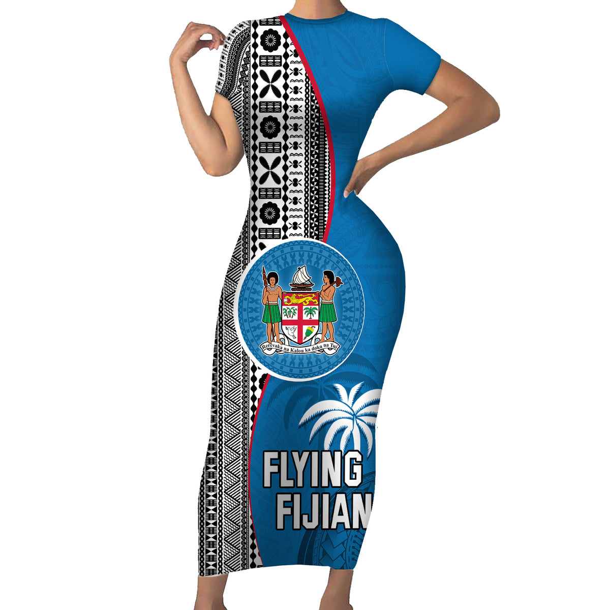 fiji-rugby-family-matching-short-sleeve-bodycon-dress-and-hawaiian-shirt-coat-of-arms-palm-tree-mix-polynesia-tapa-pattern