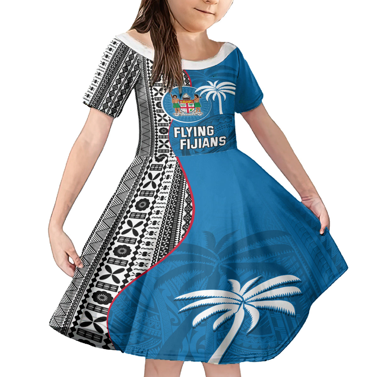 Fiji Rugby Kid Short Sleeve Dress Coat of Arms Palm Tree Mix Polynesia Tapa Pattern LT03 KID Blue - Polynesian Pride