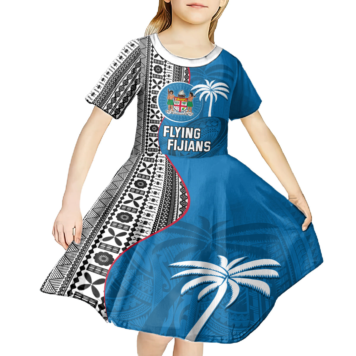 Fiji Rugby Kid Short Sleeve Dress Coat of Arms Palm Tree Mix Polynesia Tapa Pattern LT03 - Polynesian Pride