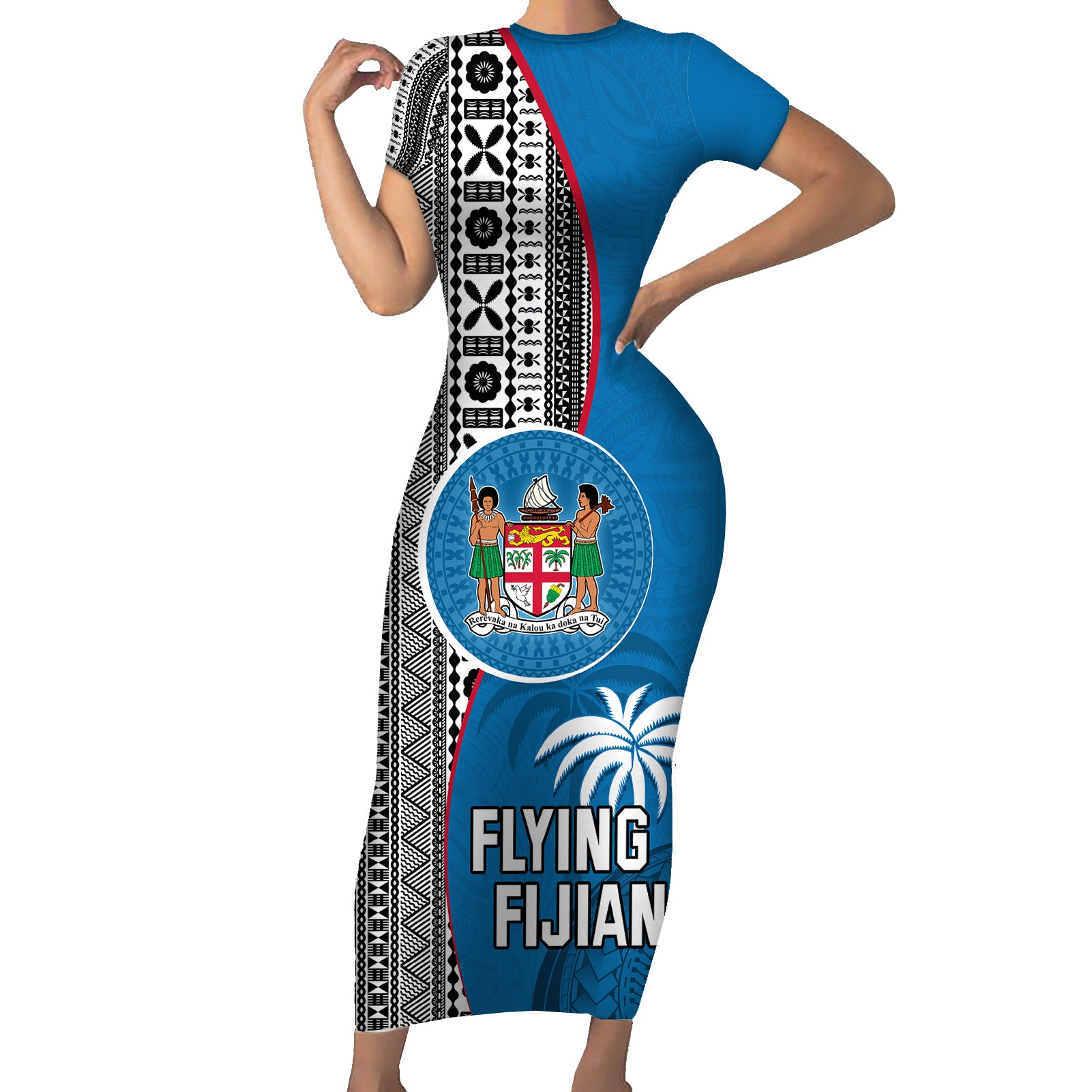 fiji-rugby-short-sleeve-bodycon-dress-coat-of-arms-palm-tree-mix-polynesia-tapa-pattern