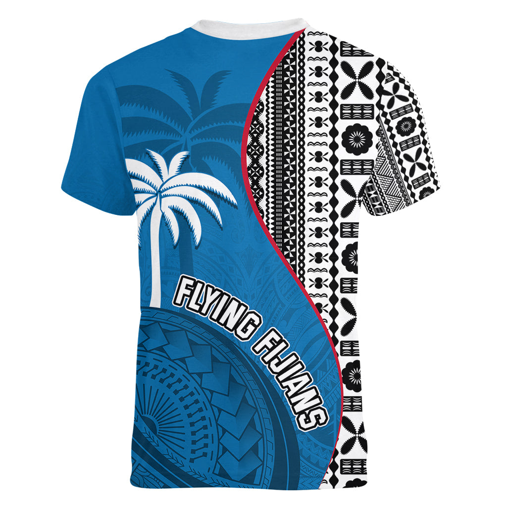 fiji-rugby-women-v-neck-t-shirt-coat-of-arms-palm-tree-mix-polynesia-tapa-pattern