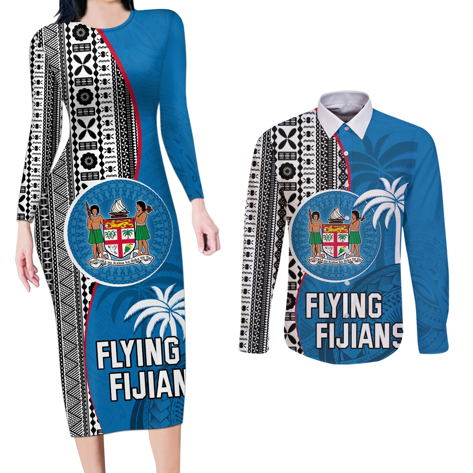 custom-fiji-rugby-couples-matching-long-sleeve-bodycon-dress-and-long-sleeve-button-shirts-coat-of-arms-palm-tree-mix-polynesia-tapa-pattern