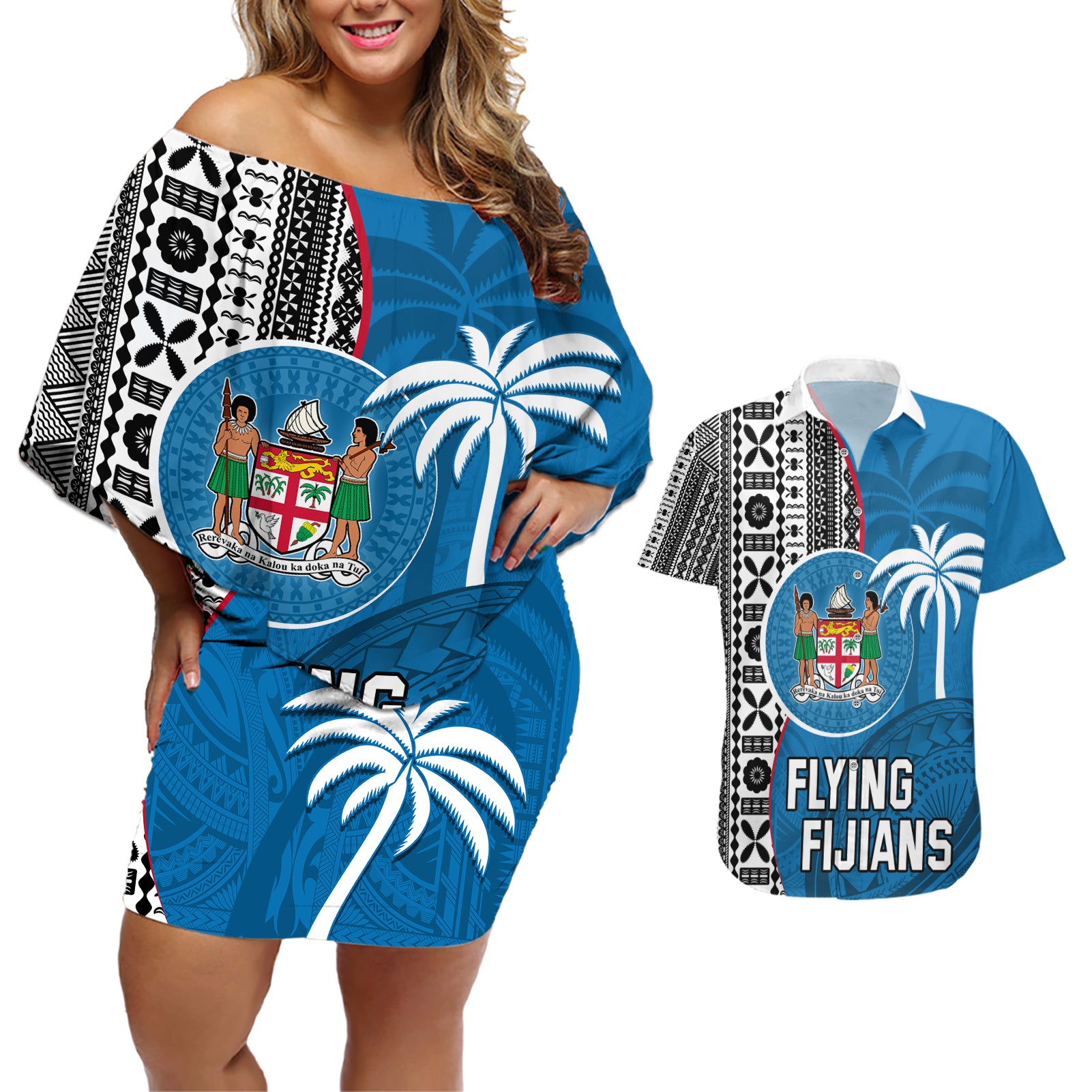 custom-fiji-rugby-couples-matching-off-shoulder-short-dress-and-hawaiian-shirt-coat-of-arms-palm-tree-mix-polynesia-tapa-pattern